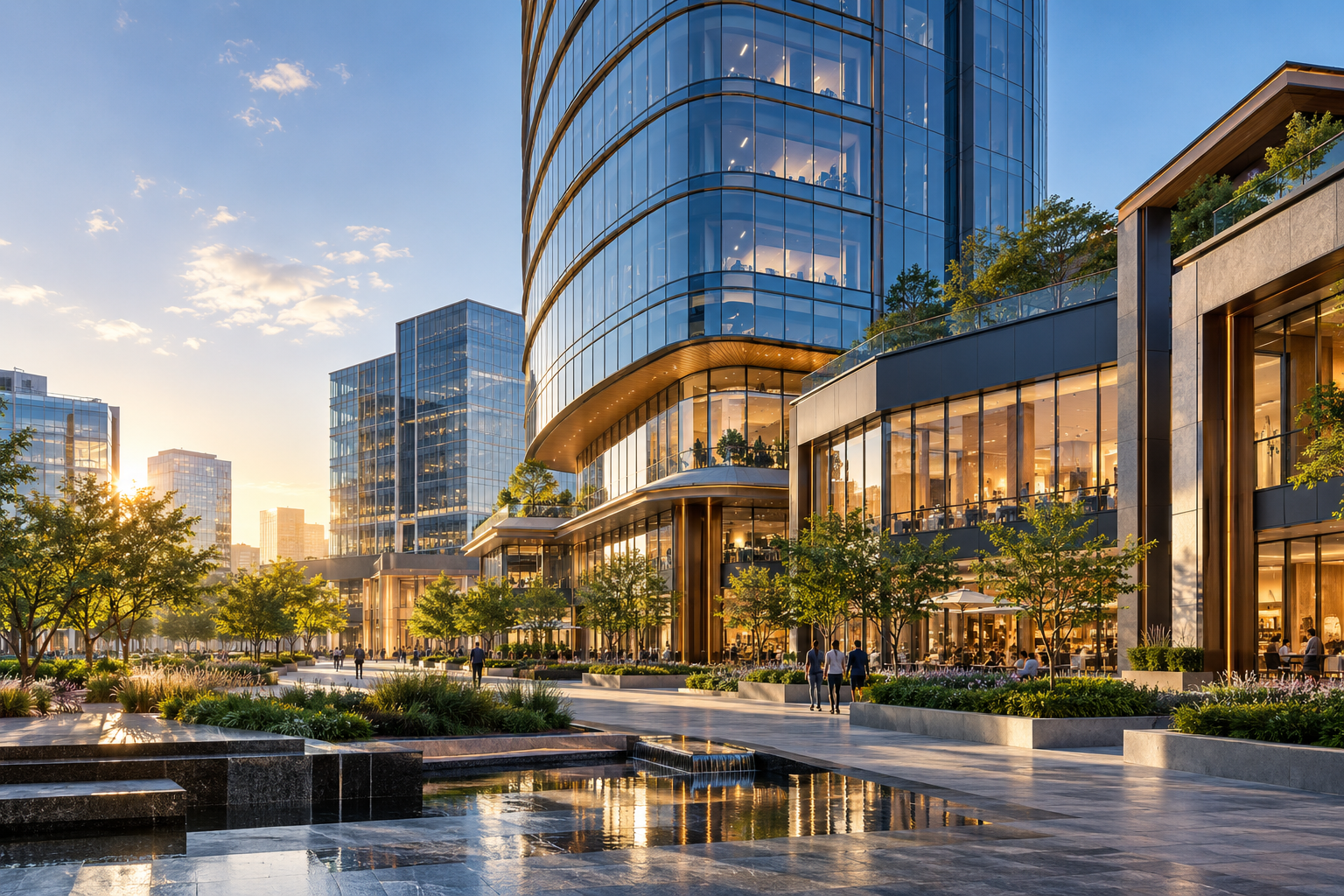 Illustrative mixed-use district with offices, shops and a landscaped plaza