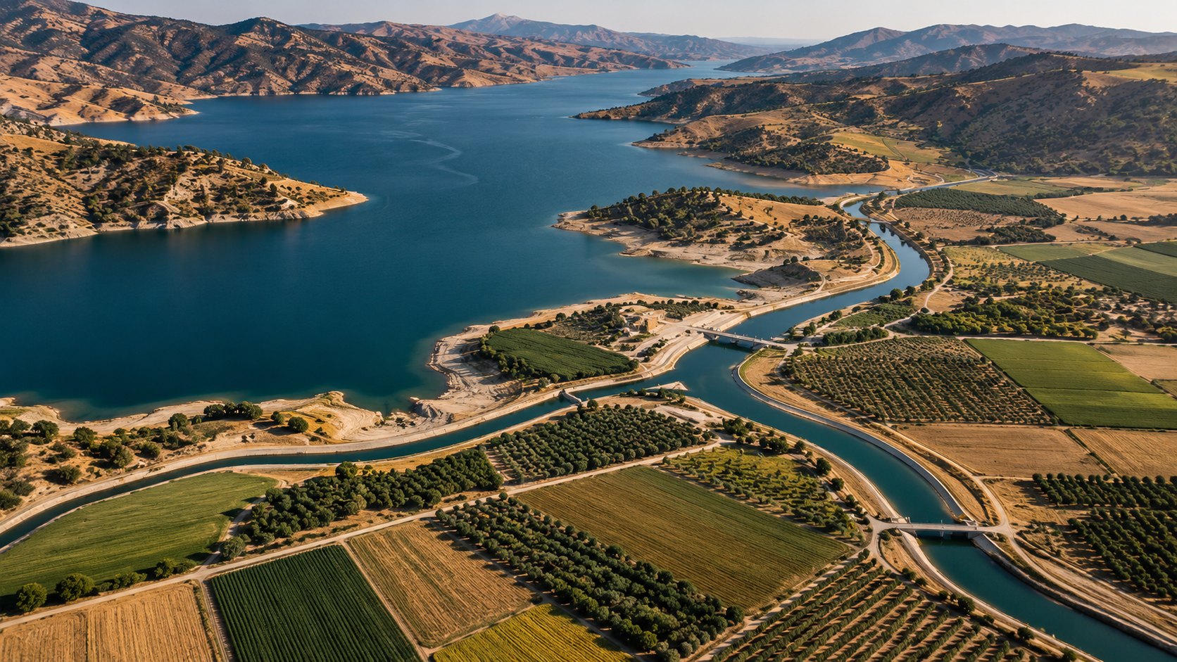 Conceptual water infrastructure and irrigation landscape; no real investment is depicted