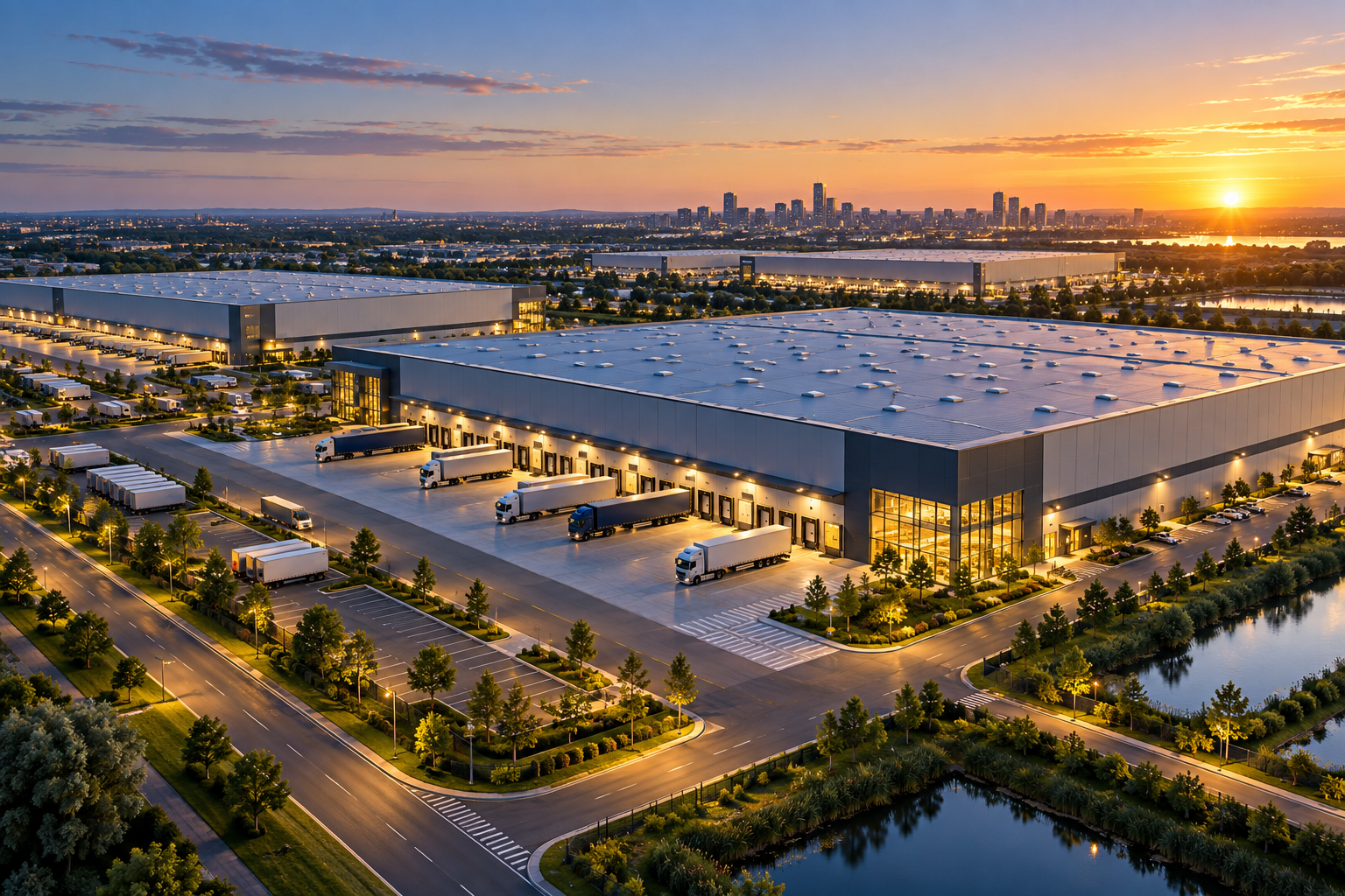 Illustrative logistics campus with warehouses and loading docks