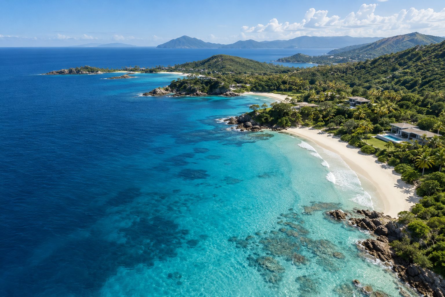 Illustrative tropical coastline with beaches, rocky headlands and villas