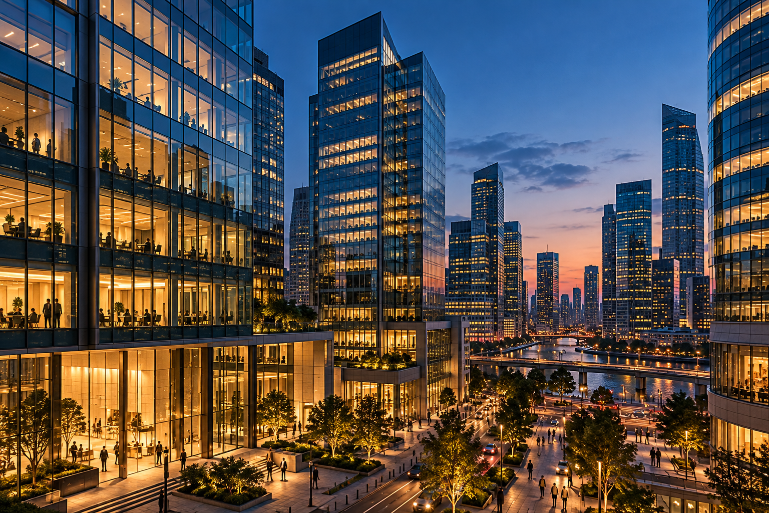 Illustrative global business district at blue hour