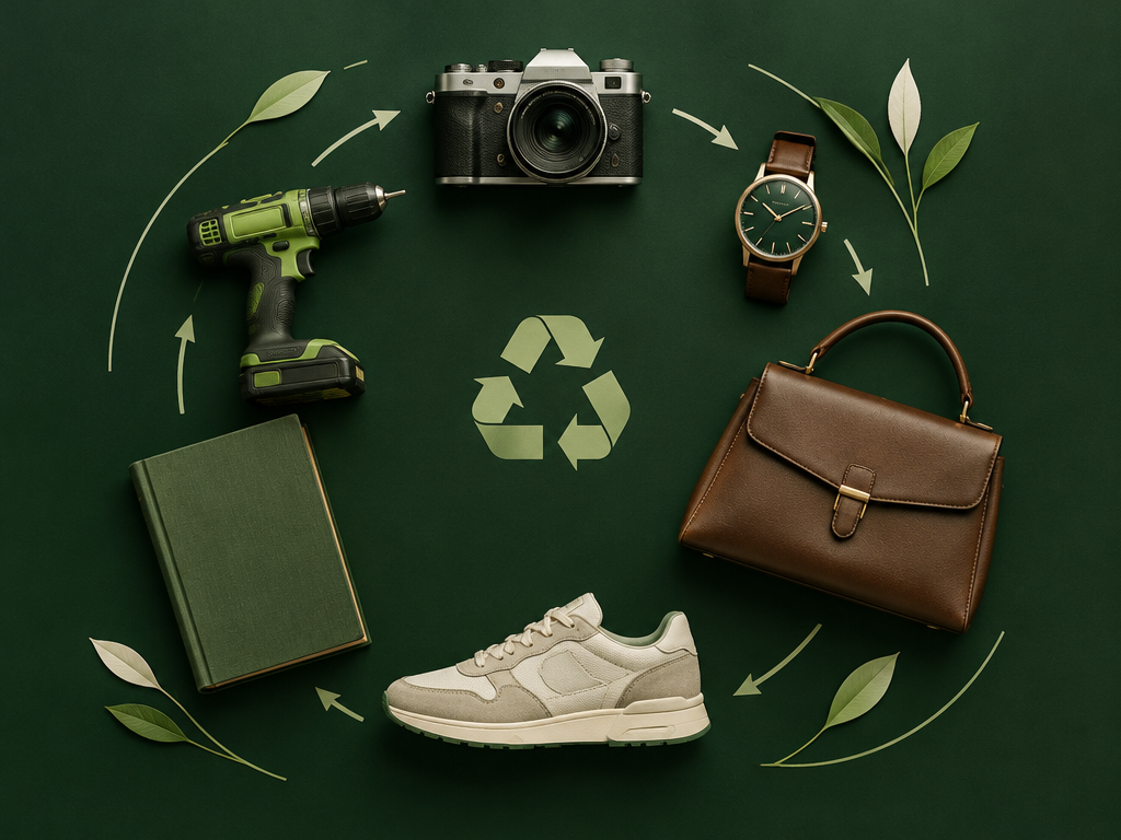 Conceptual illustration of pre-owned goods in a circular economy — original artwork, not a product listing