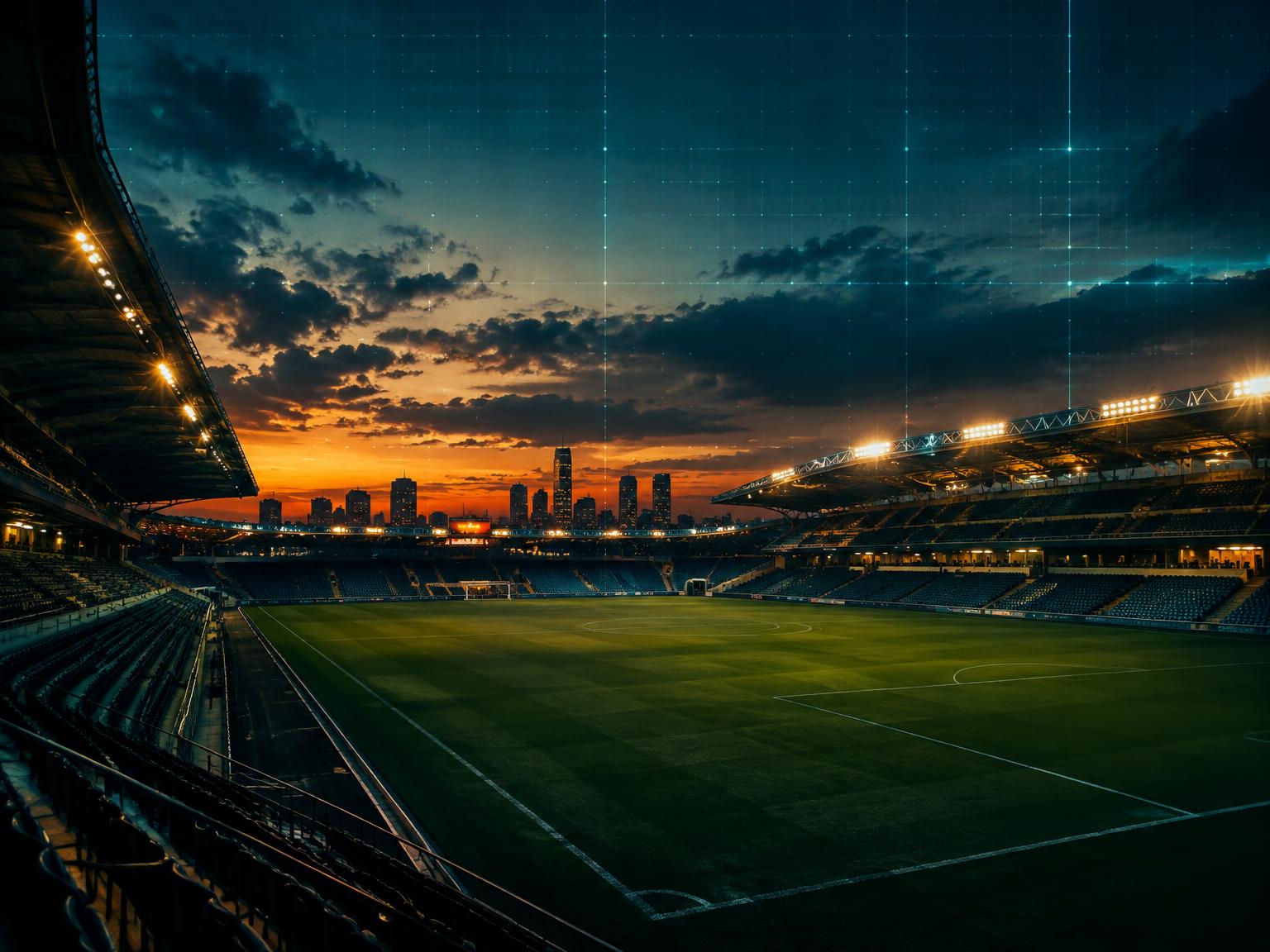 Stadium at dusk with a faint digital grid